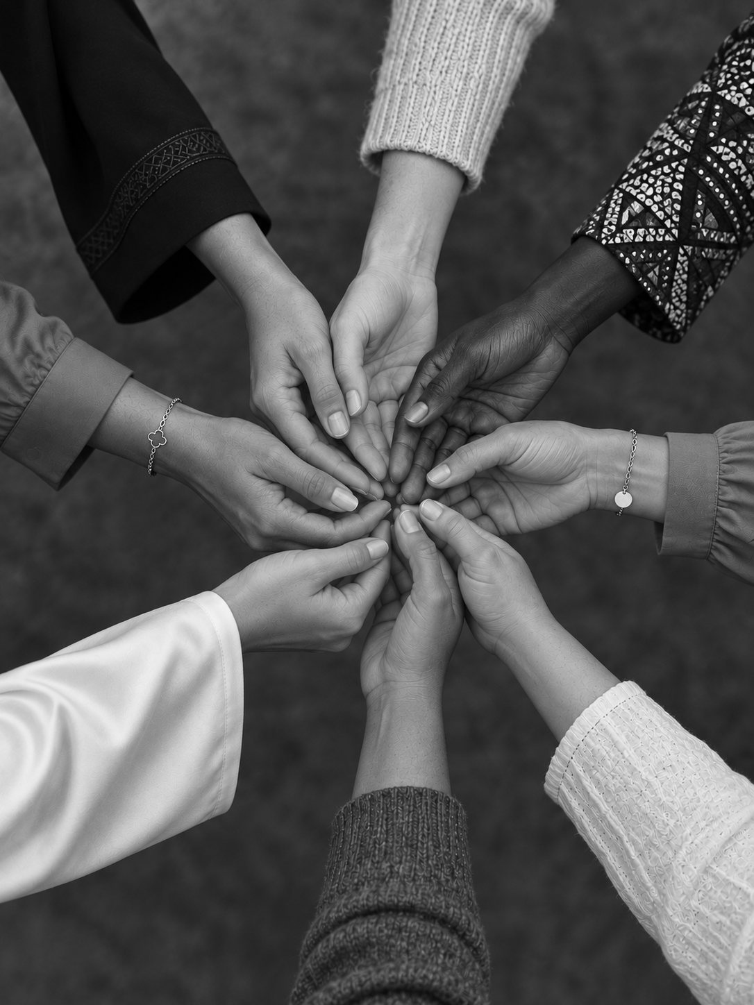 Women&rsquo;s hands cupped together from above, forming one circle